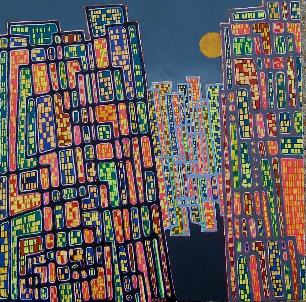 Immeubles éclairés, Peinture de Michel Caron http://www.michel-caron.fr/peinture/wp-content/uploads/nuit2.jpg